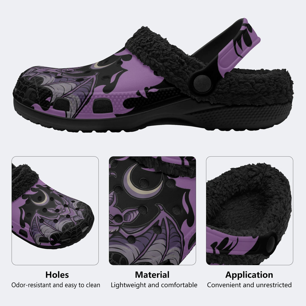 Gothic Bat Moon Spider Web Purple Flame - Fur Lined Slippers/Sandals
