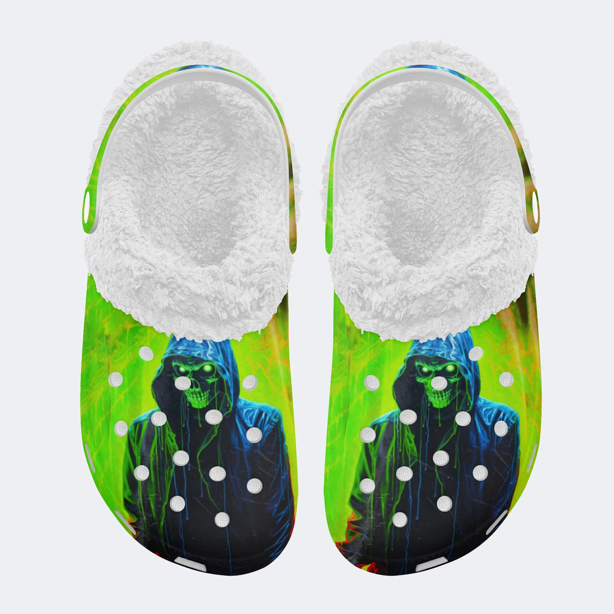 Unisex Retro Skull Graphic Print - Fur Lined Slippers