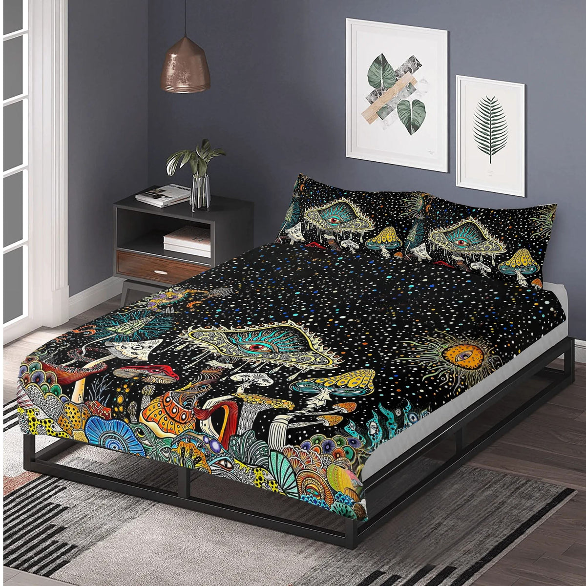 Retro Dark Mushroom Eyes Halloween Print - Three Piece Bedding Set