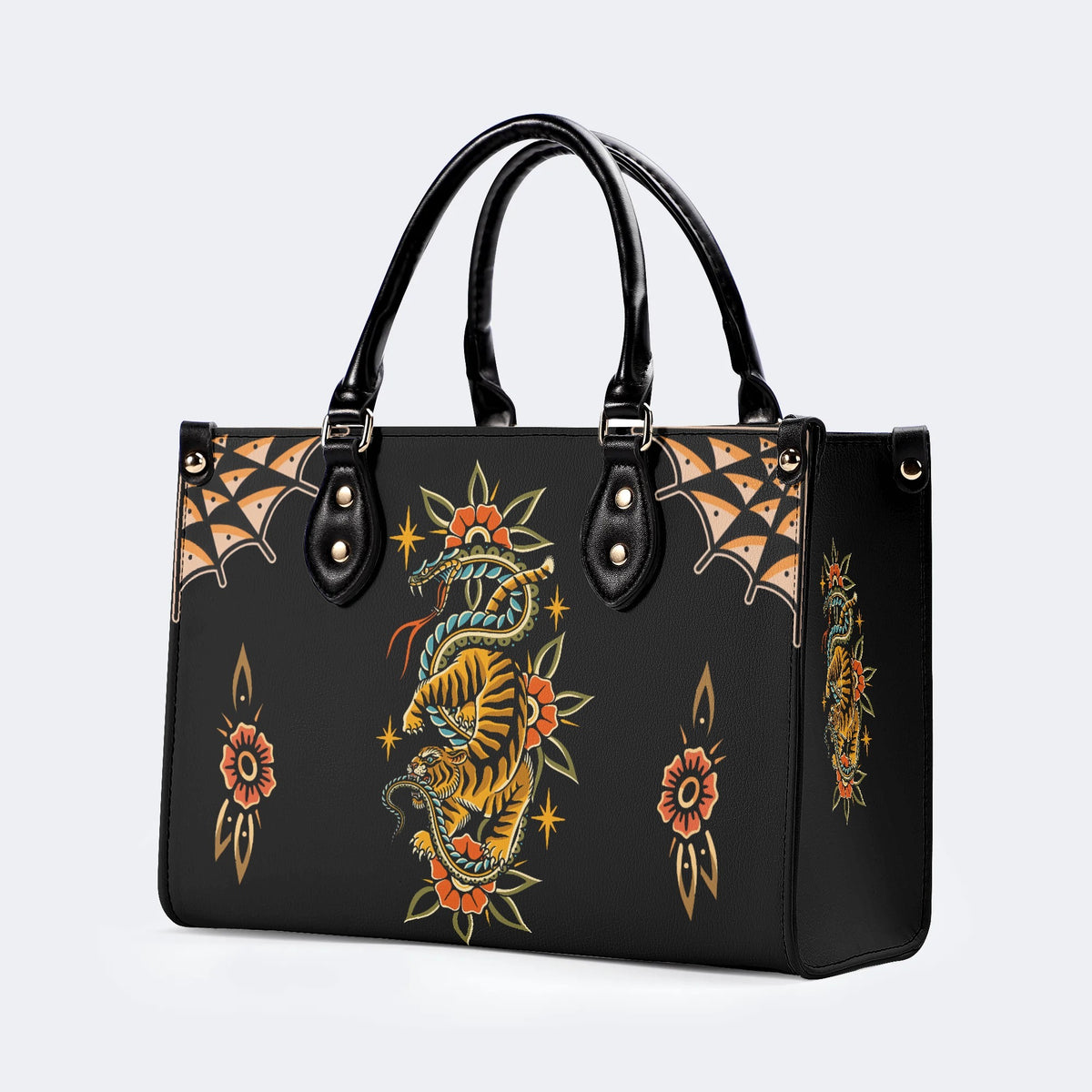 Vintage Snake And Tiger Print - Leather Handbag