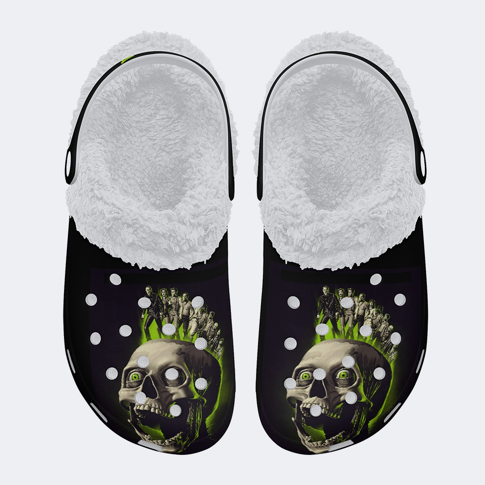 Unisex Green Skull Print - Fur Lined Slippers/Sandals