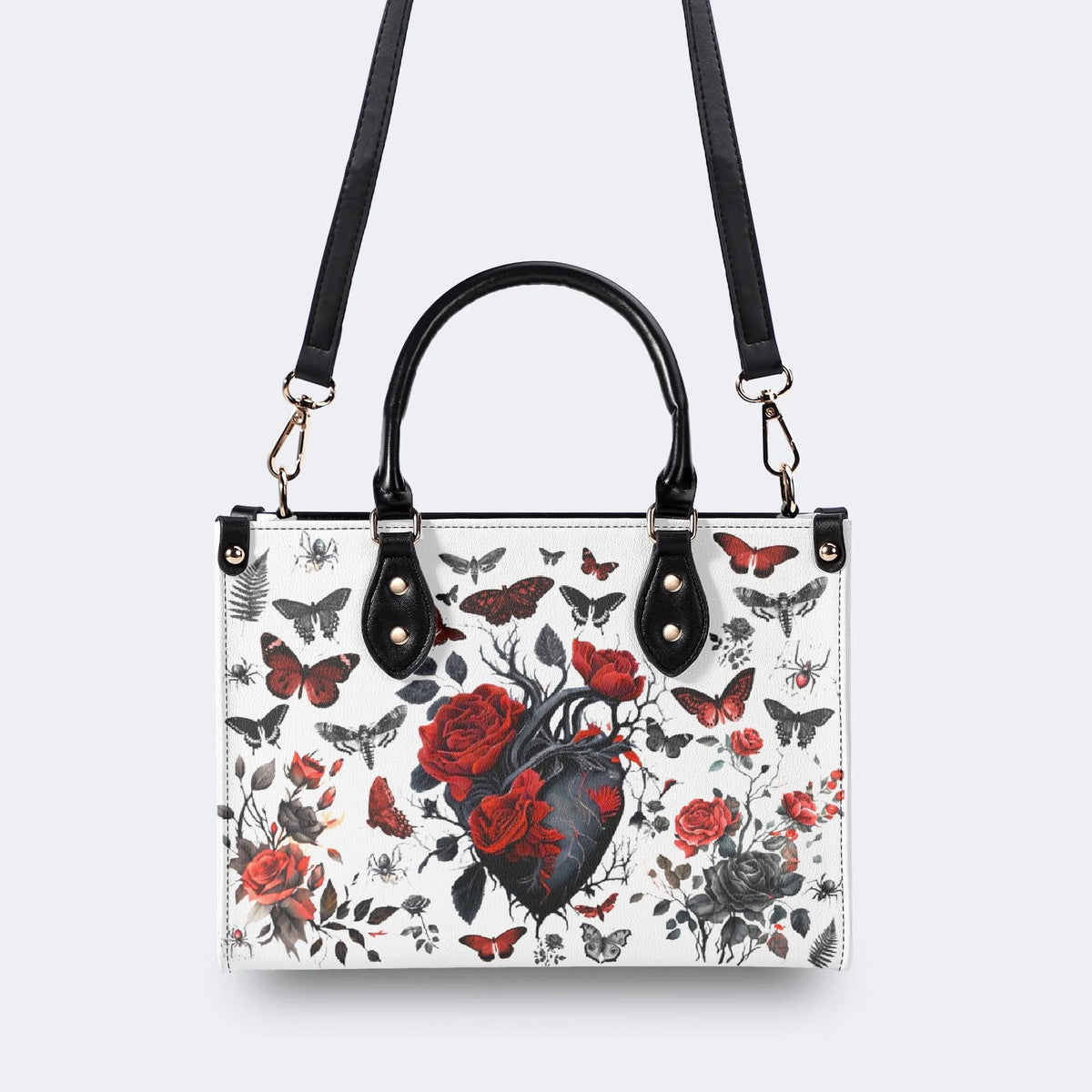 Heart Rose Butterfly Print - Leather Handbag