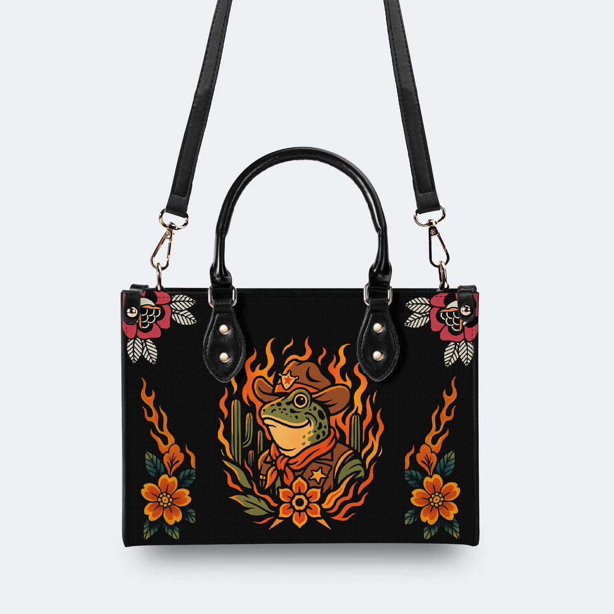 Flame Cowboy Frog Print - Leather Handbag