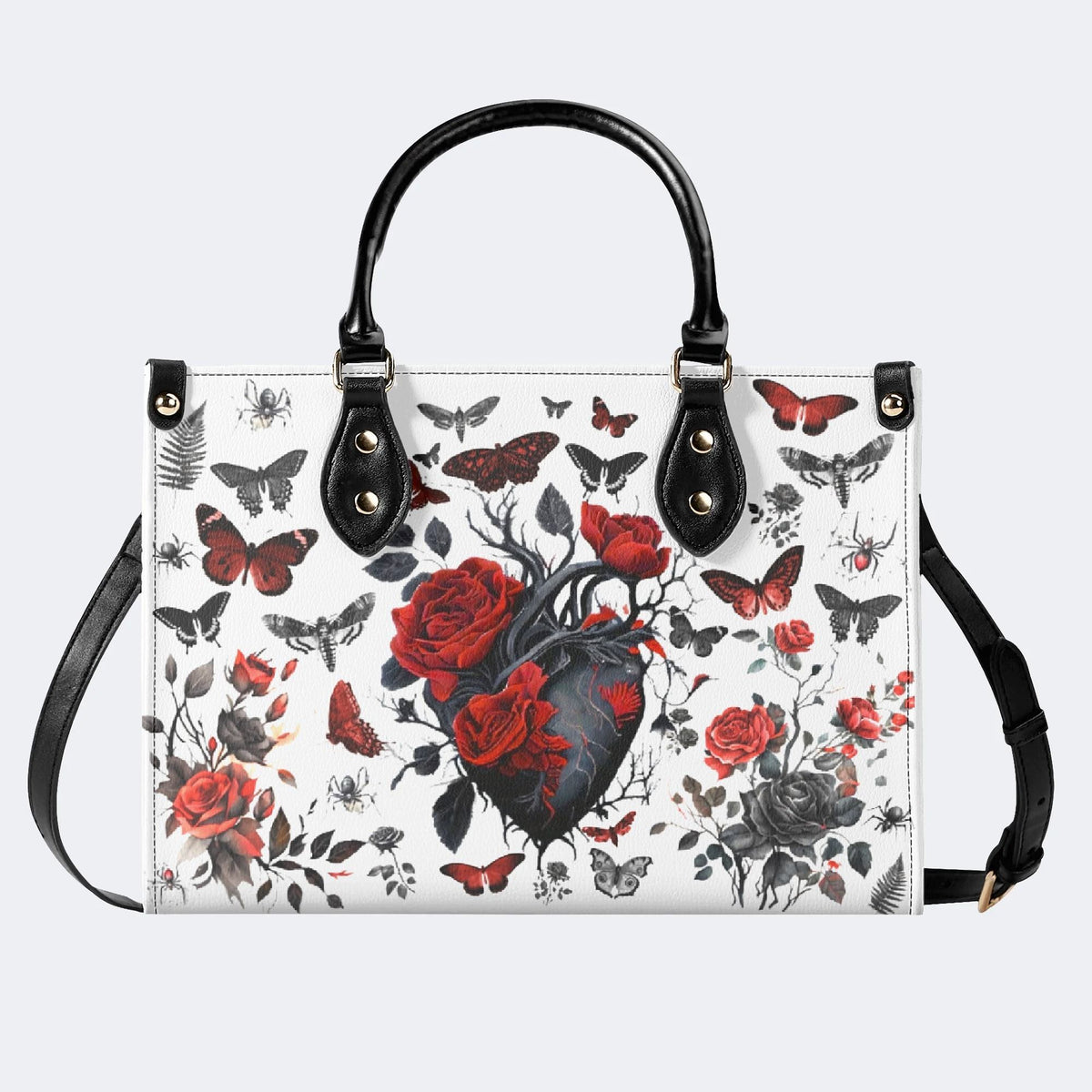 Heart Rose Butterfly Print - Leather Handbag
