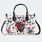 Heart Rose Butterfly Print - Leather Handbag