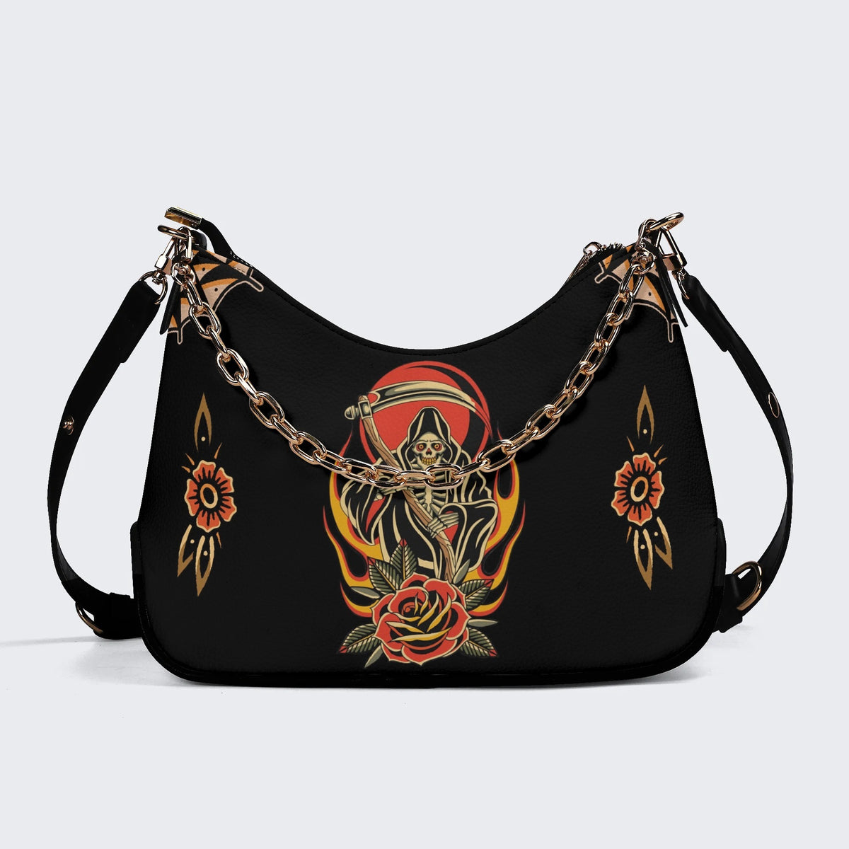 Grim Reaper Flowers Print - Leather Crossbody Bag