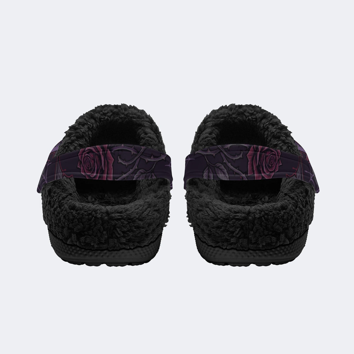 Gothic Winged Skull Dark Rose Spider Web - Fur Lined Slippers/Sandals