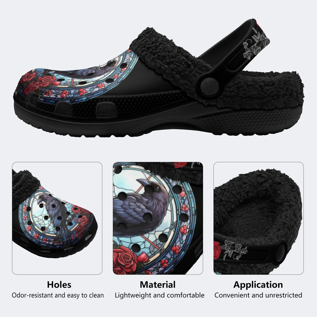 Vintage Crow Print - Fur Lined Slippers/Sandals