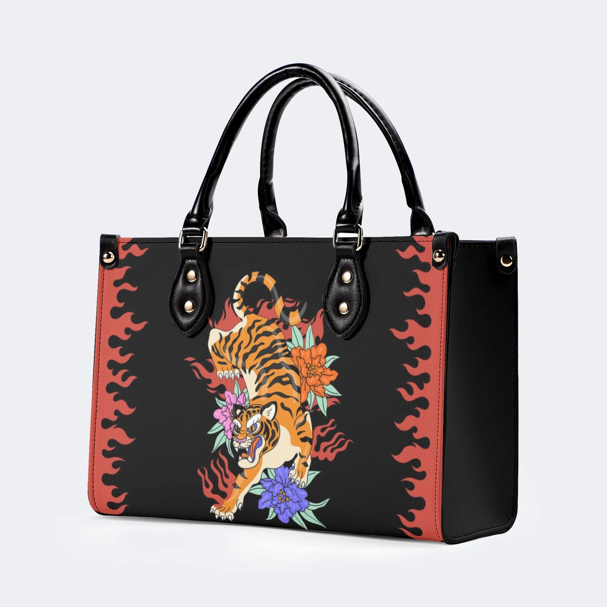 Old School Tiger and Flower Print - Leather Handbag