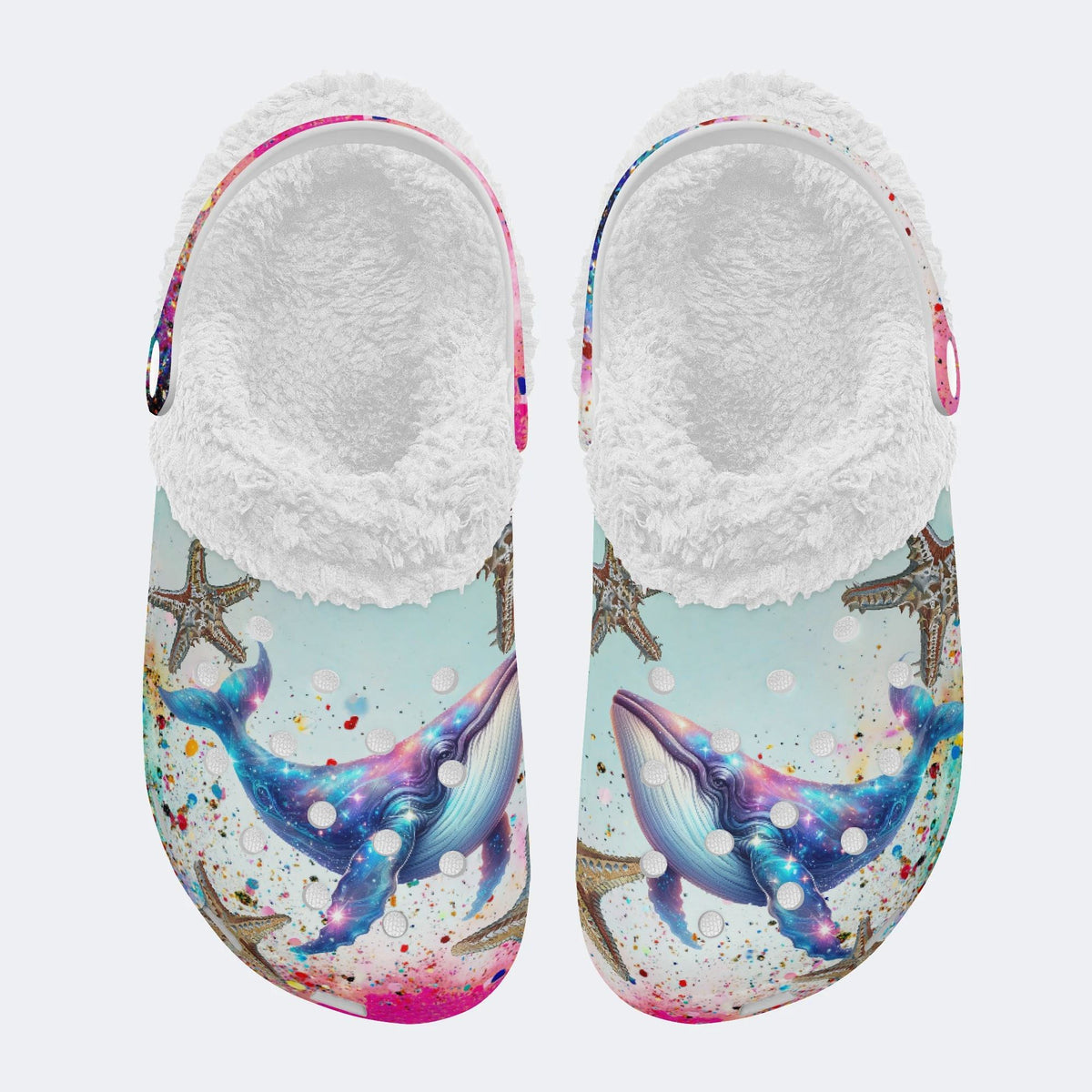 Colorful Whale And Starfish - Fur Lined Slippers/Sandals