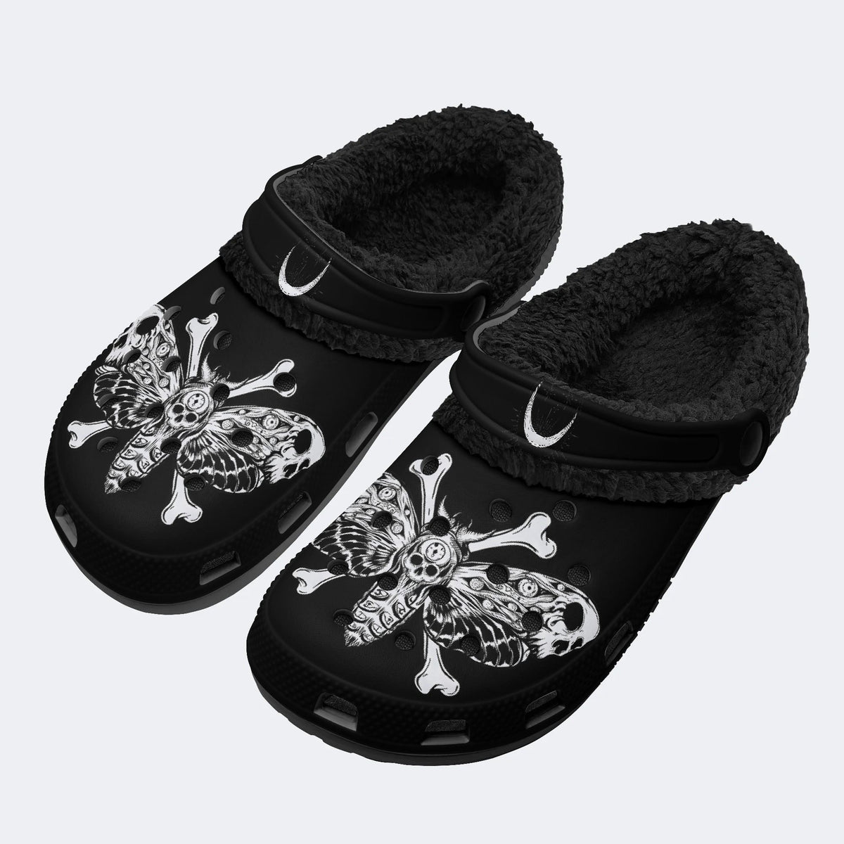 Gothic Death Moth Crossbones Moon - Fur Lined Slippers/Sandals