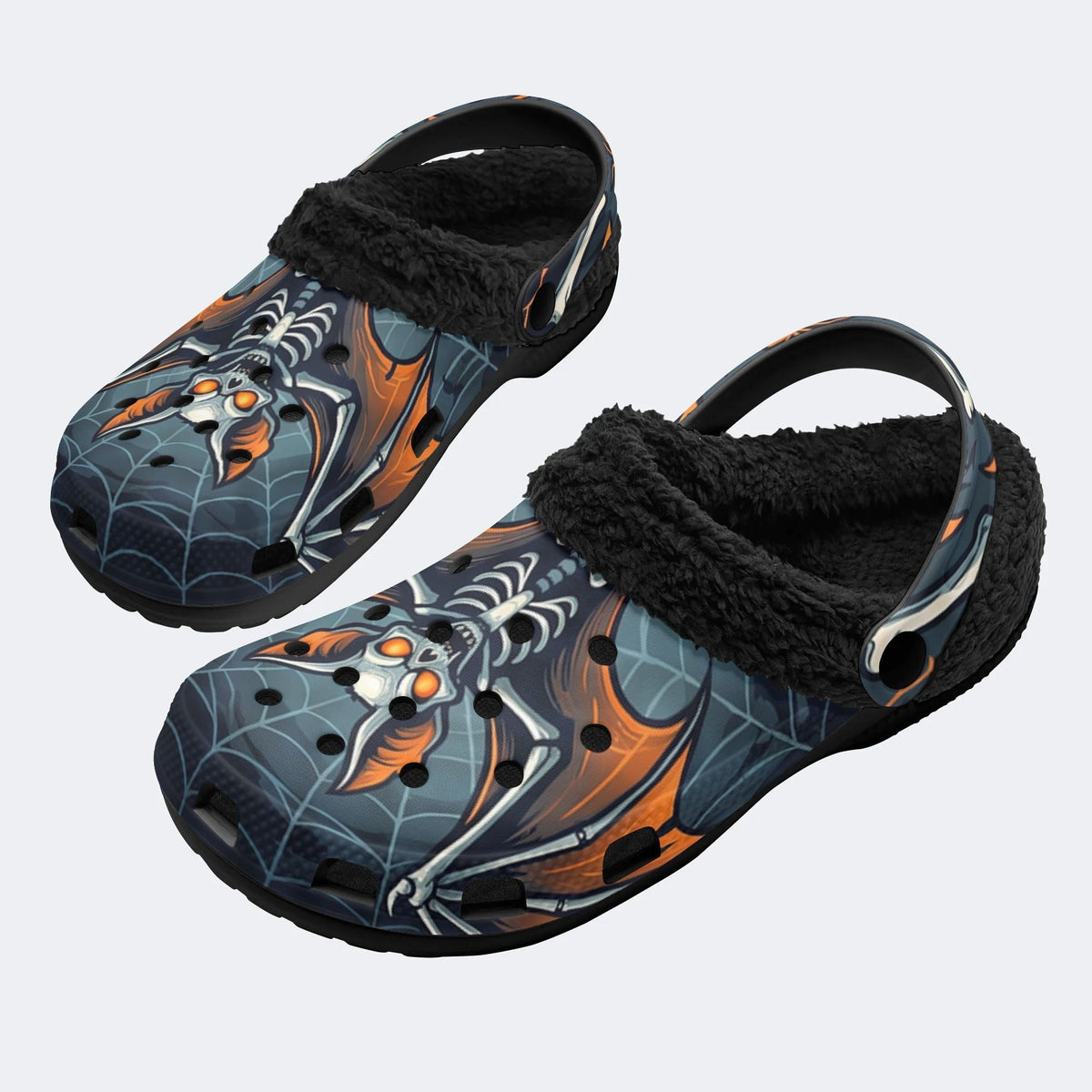 Gothic Skeleton Bat Spider Web - Fur Lined Slippers/Sandals
