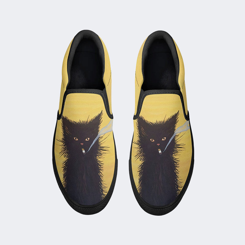 Smoking Black Cat Art Print - Slip On Shoes