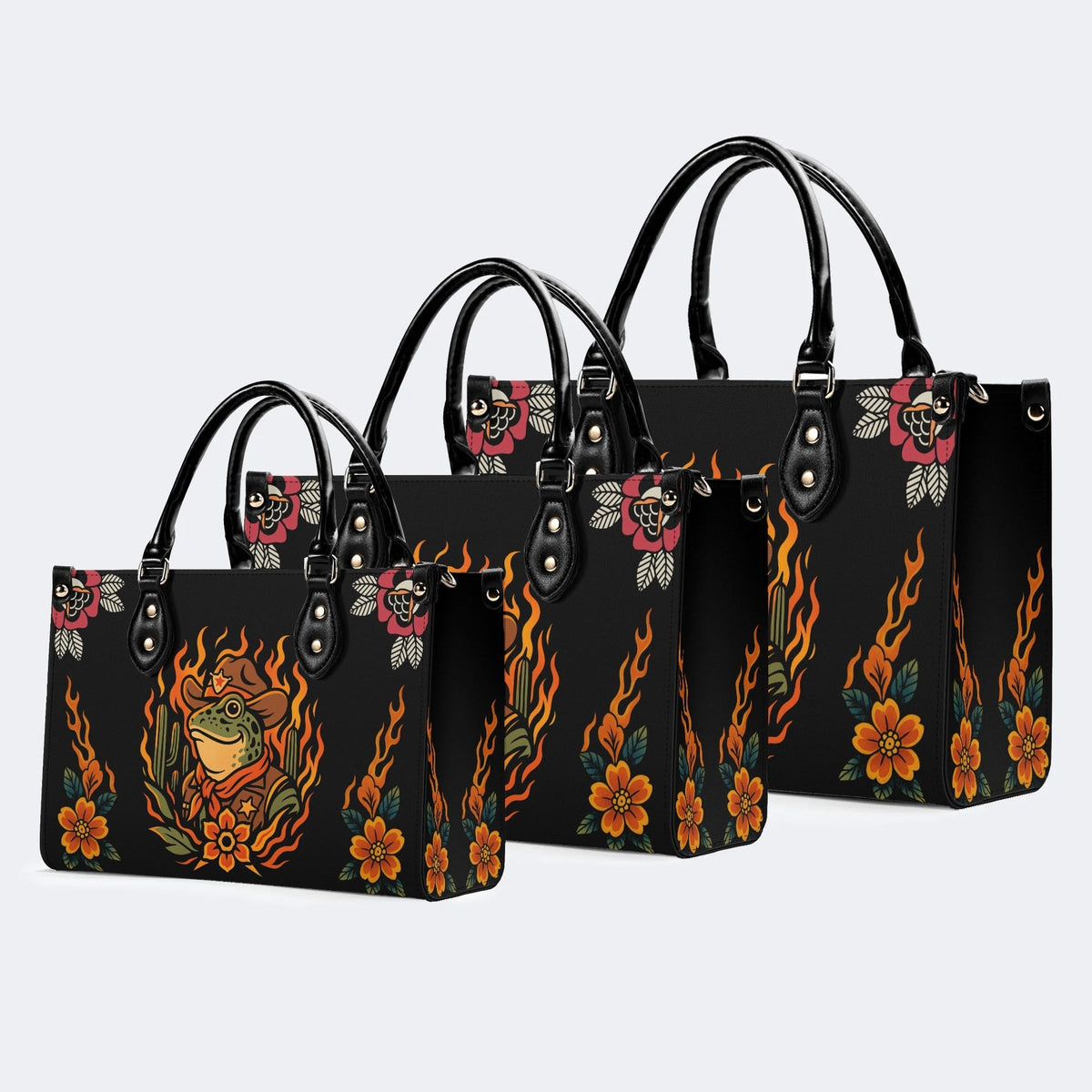Flame Cowboy Frog Print - Leather Handbag