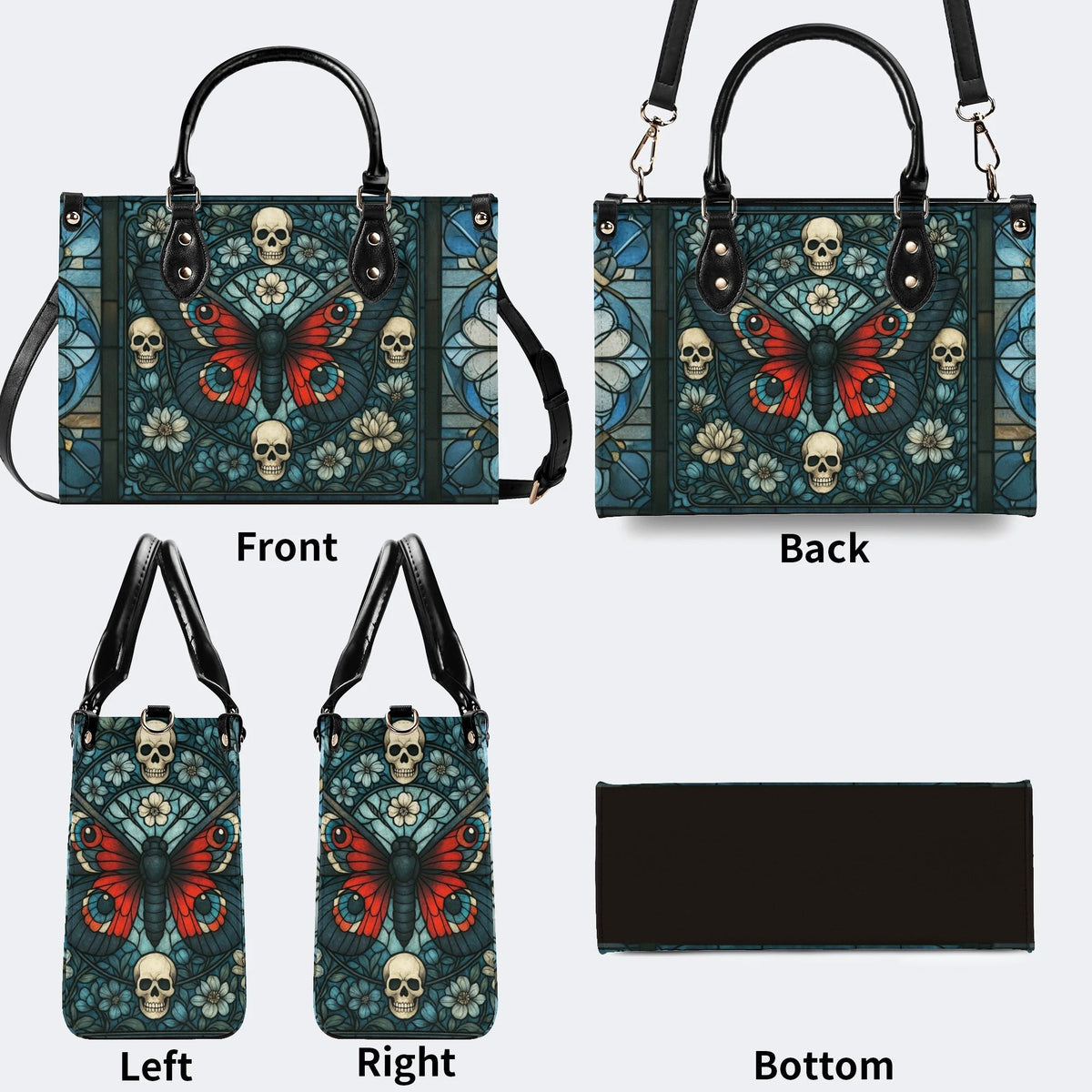 Vintage Moth And Skull Print - Leather Handbag