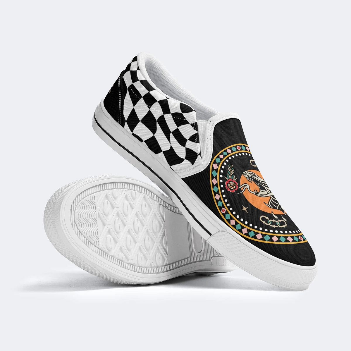 Black And White Snake Print - Slip On Shoes