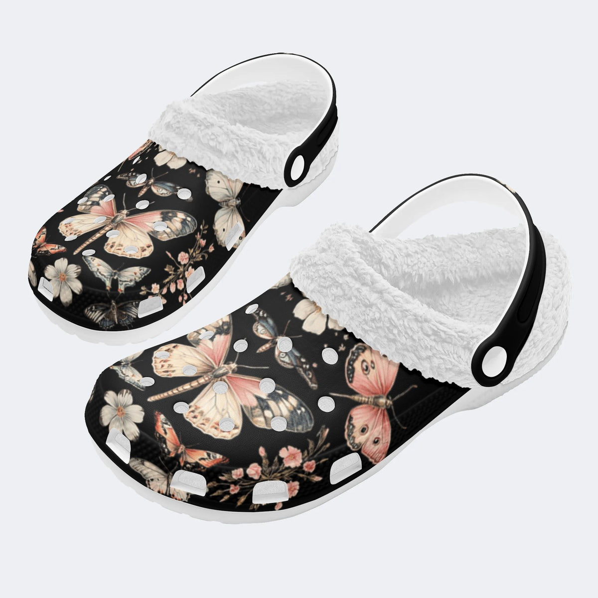 Vintage Butterfly Floral Print - Fur Lined Slippers/Sandals