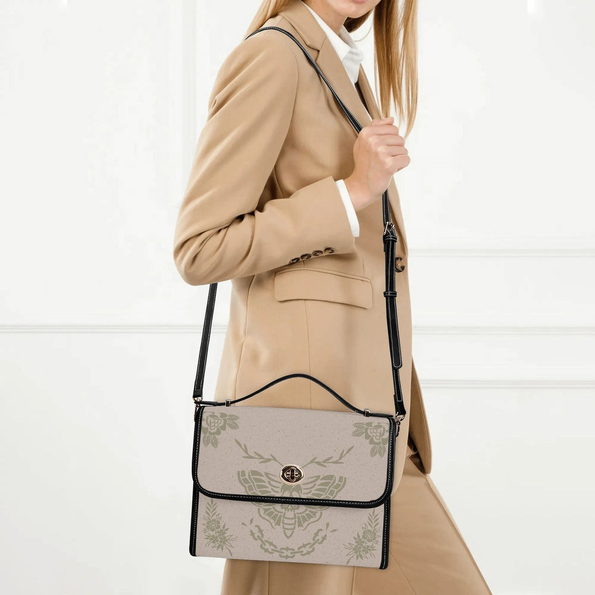 Classic Beige Death Moth Vintage Print - Leather Satchel Bag