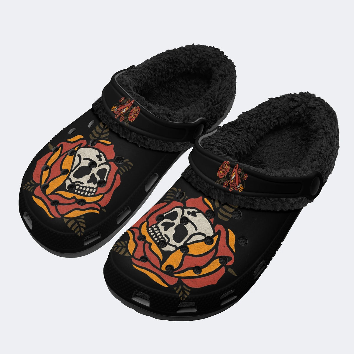 Vintage Rose Skull Tattoo - Fur Lined Slippers/Sandals