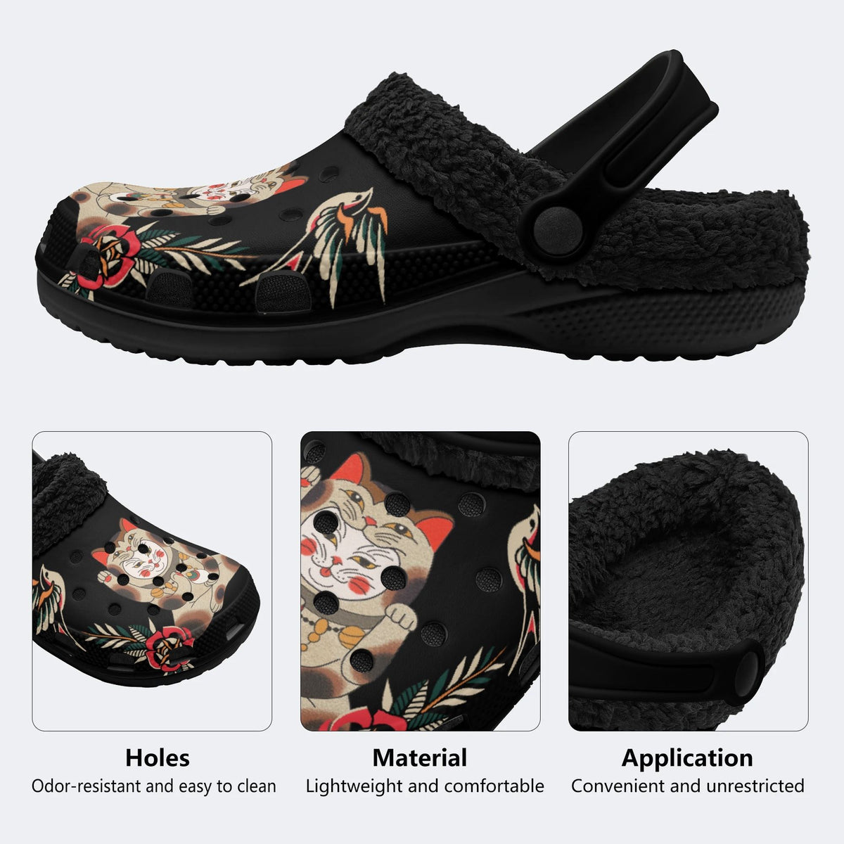 Lucky Cat Print - Fur Lined Slippers/Sandals