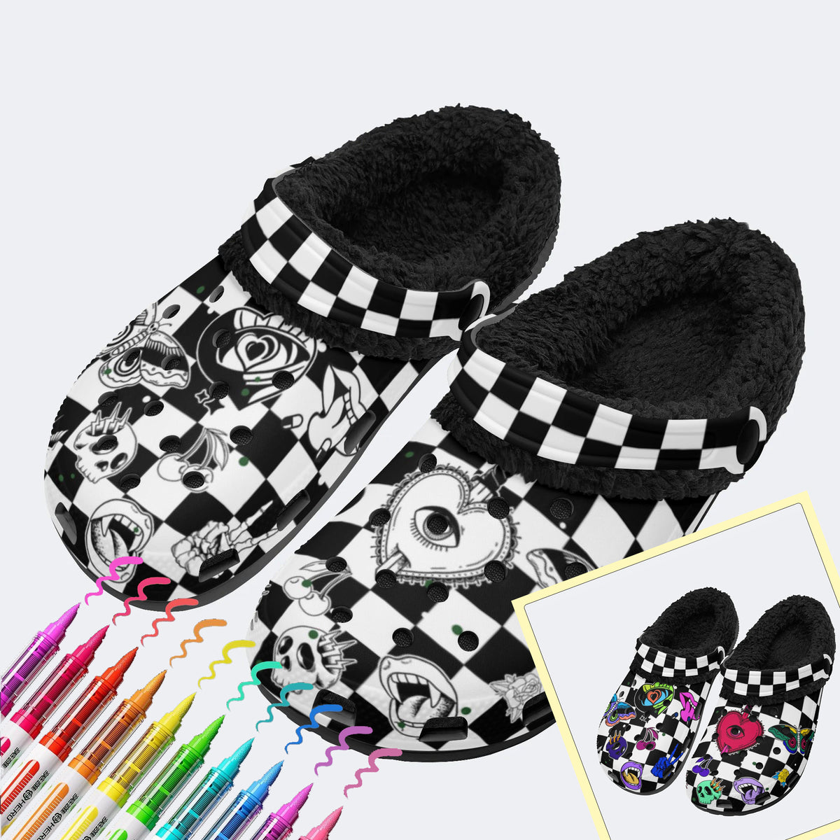 Gothic elements combination Print - Colorable Fur Lined Slippers/Sandals