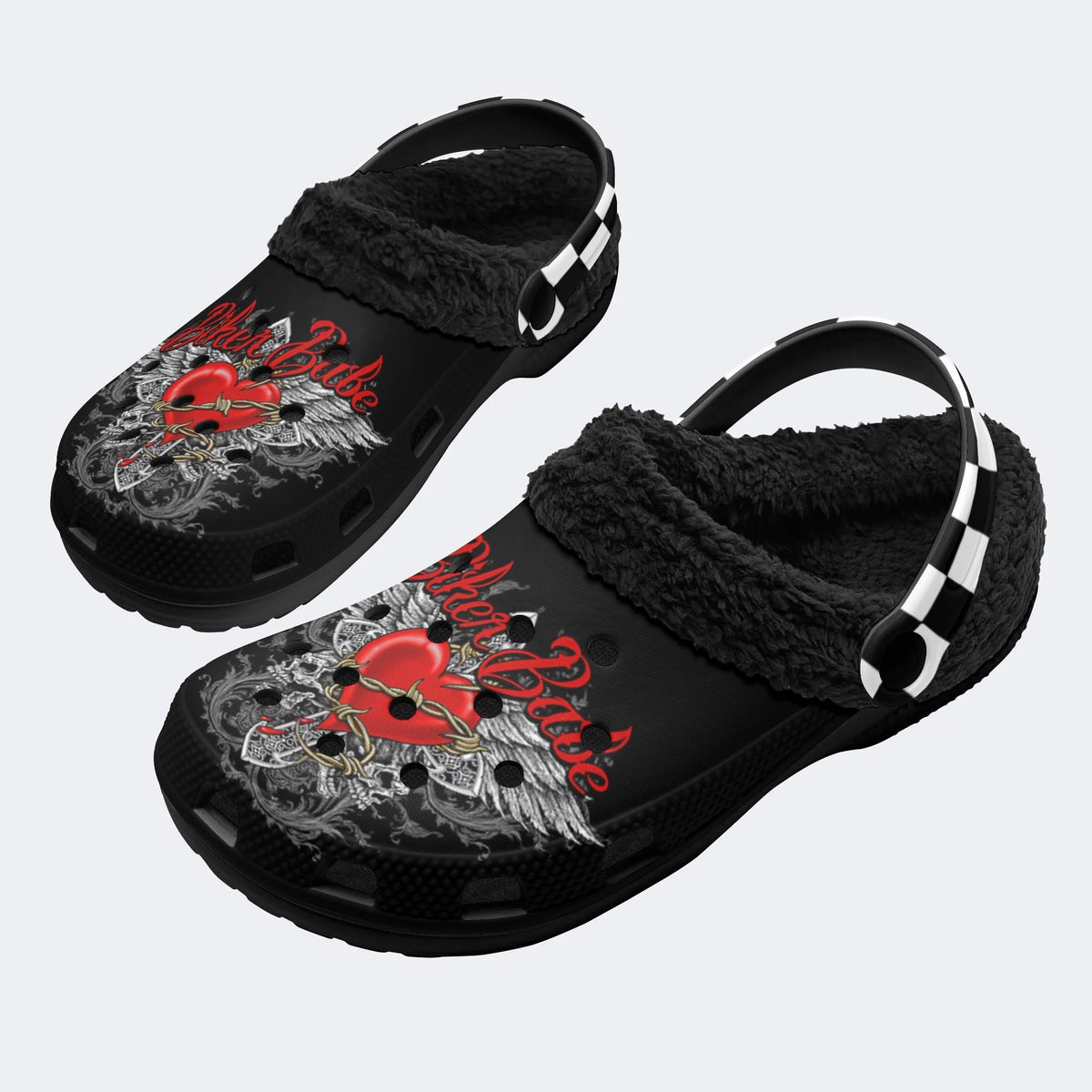 Biker Babe Heart Print - Fur Lined Slippers/Sandals