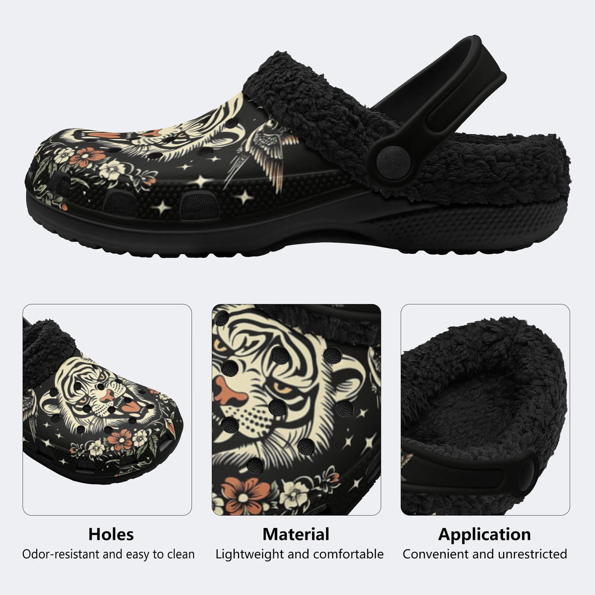 Tiger With Flower VintagePrint - Fur Lined Slippers/Sandals