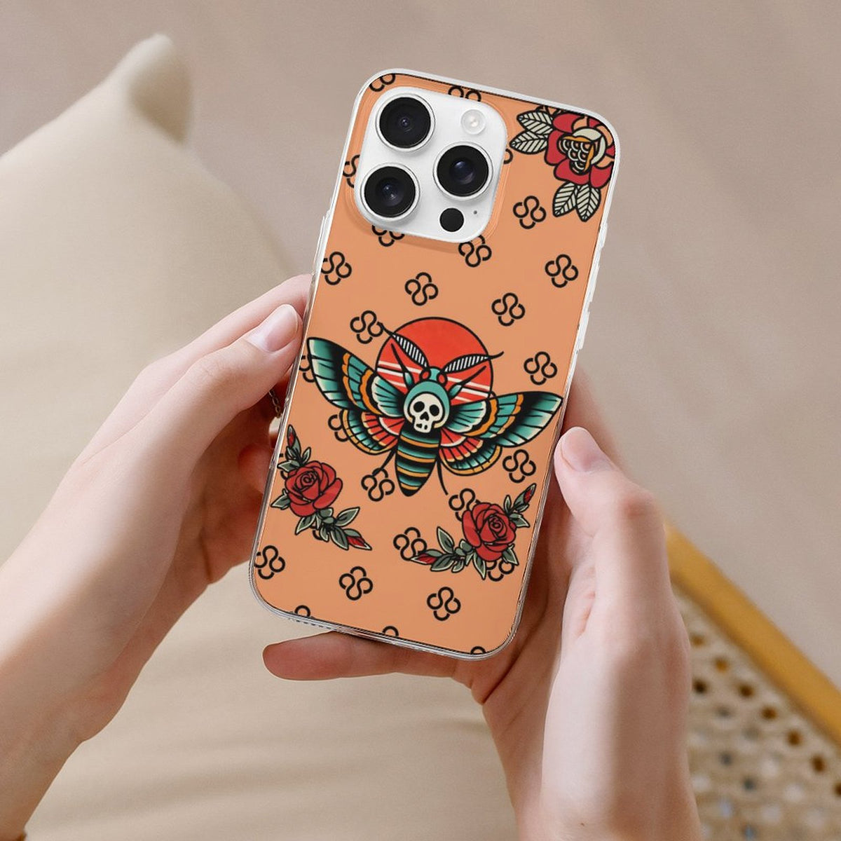 Vintage Rose Death Moth Print - Phone Case
