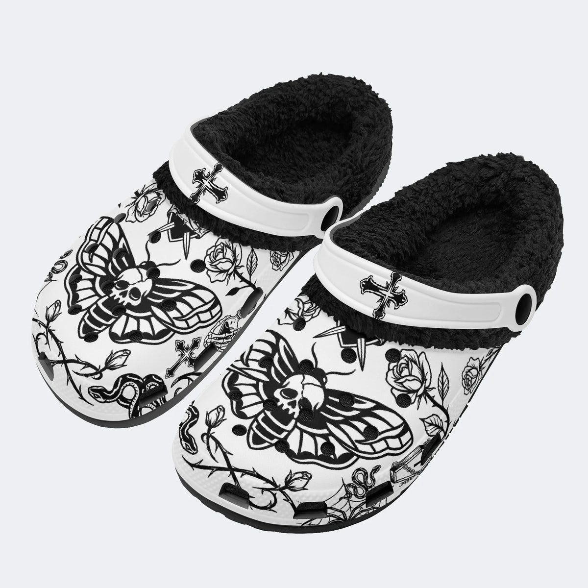 Gothic Death Moth Skull Rose Cross - Fur Lined Slippers/Sandals