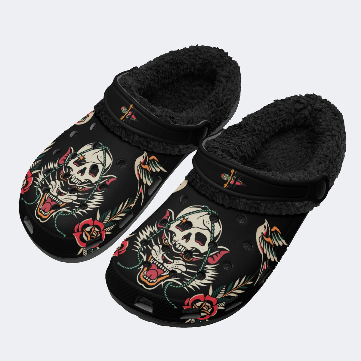 Skull Wolf Print - Fur Lined Slippers/Sandals