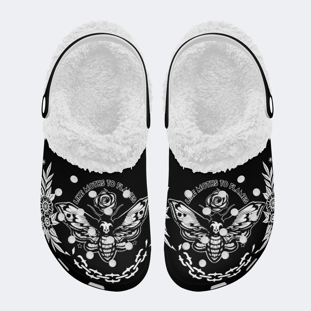 Rose Death Moth Vintage Print- Fur Lined Slippers/Sandals