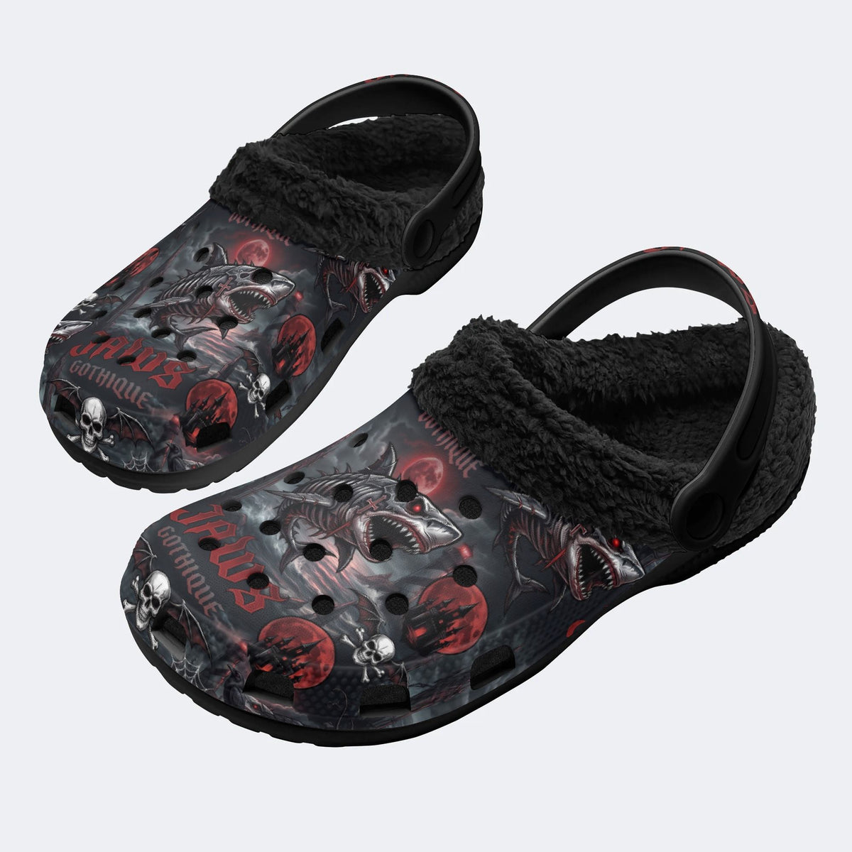 Gothic Skeleton Shark Skull Blood Moon Castle - Fur Lined Slippers/Sandals