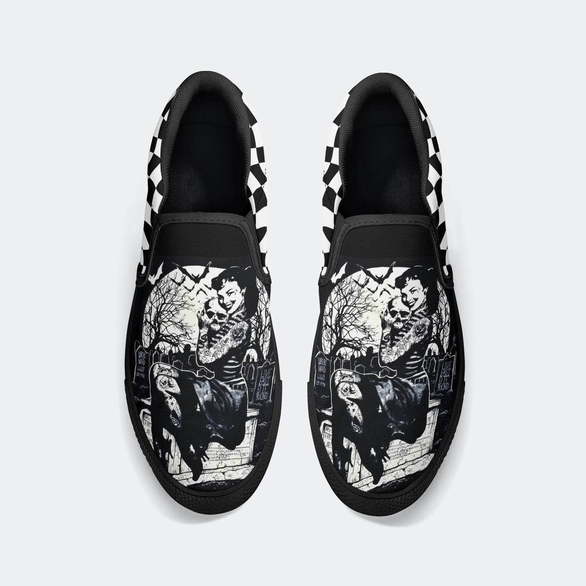 Unisex Retro Tattooed Girl Graveyard Skull Punk Print - Slip On Shoes