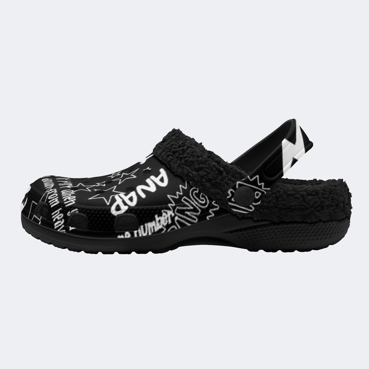 Black White Punk Text - Fur Lined Slippers/Sandals