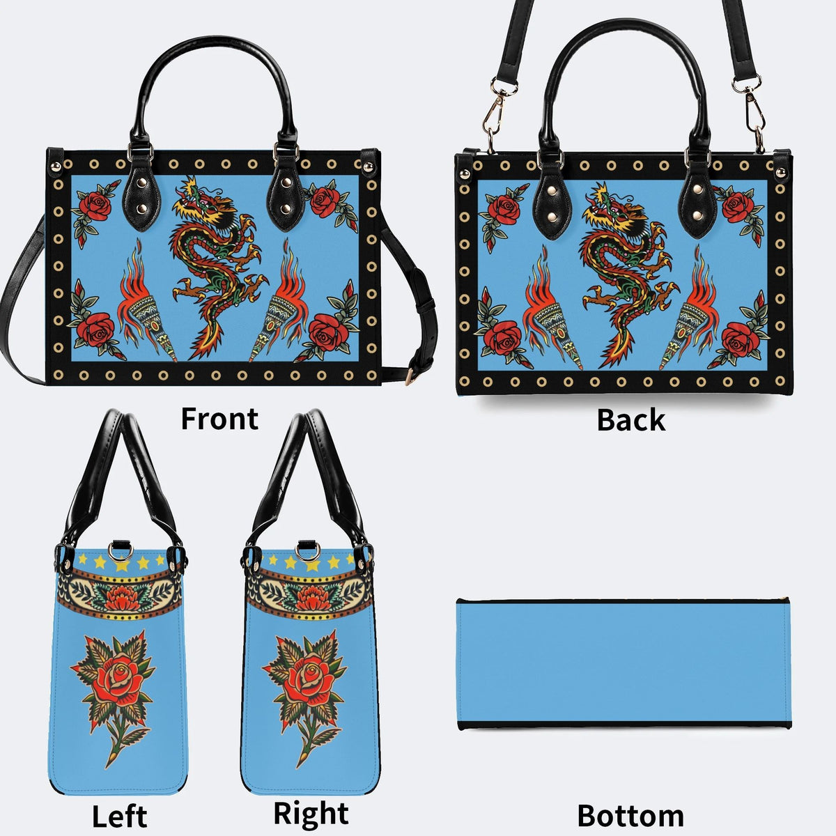 Vintage Torch And Dragon Print - Leather Handbag
