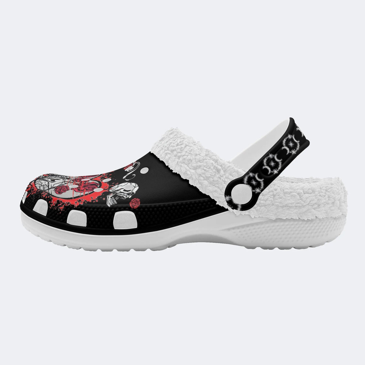 Rose Heart Skull Print - Fur Lined Slippers/Sandals