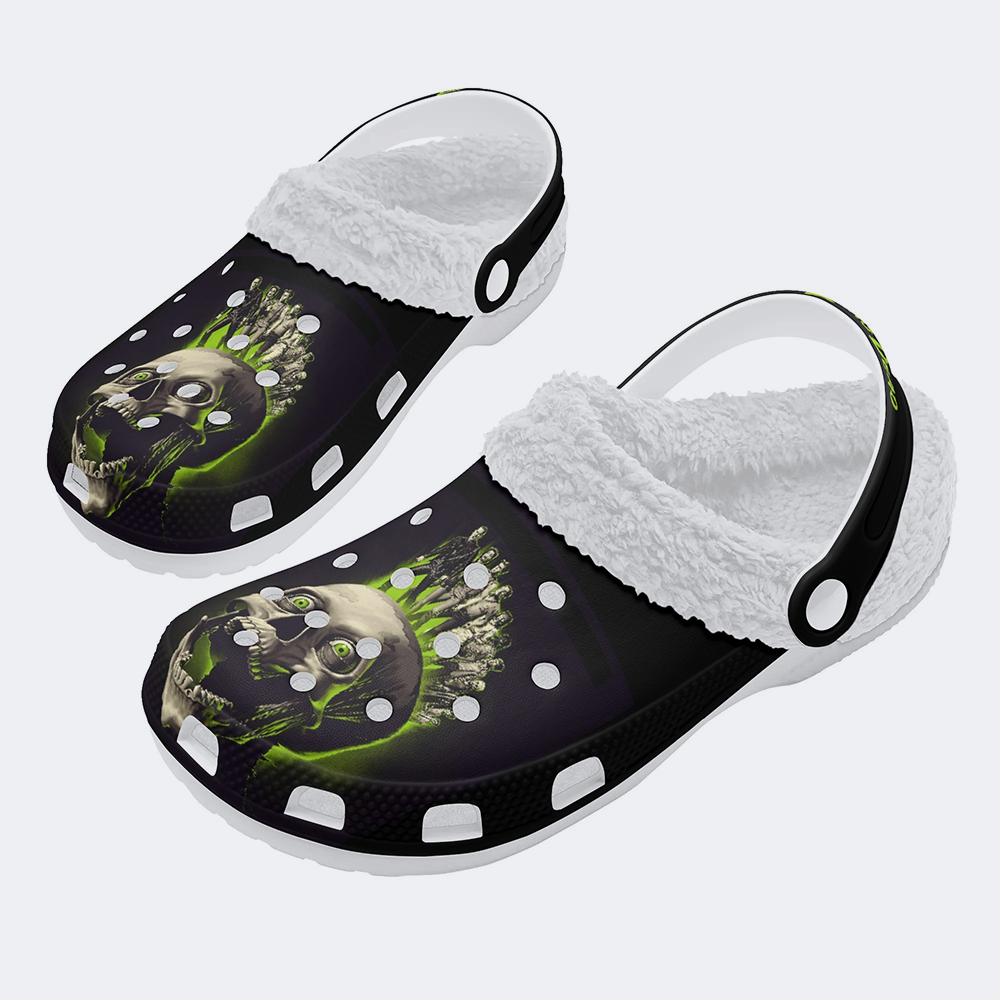 Unisex Green Skull Print - Fur Lined Slippers/Sandals