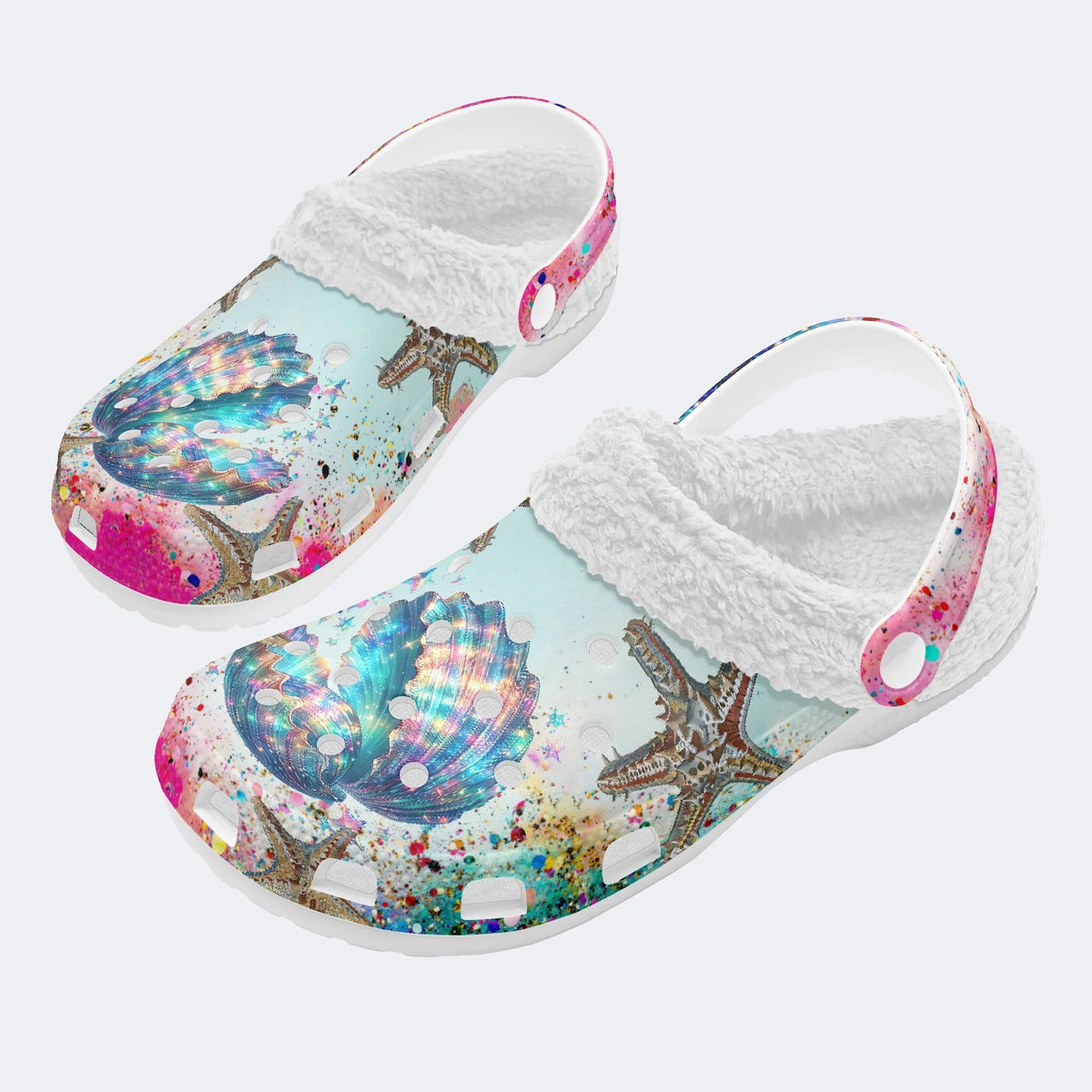 Colorful shells and starfish - Fur Lined Slippers/Sandals