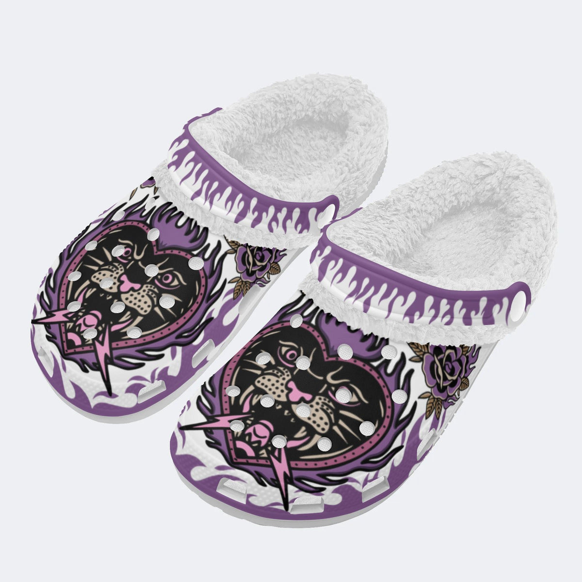 Rose Flame Panther Print - Removable Fur Lined Slippers/Sandals