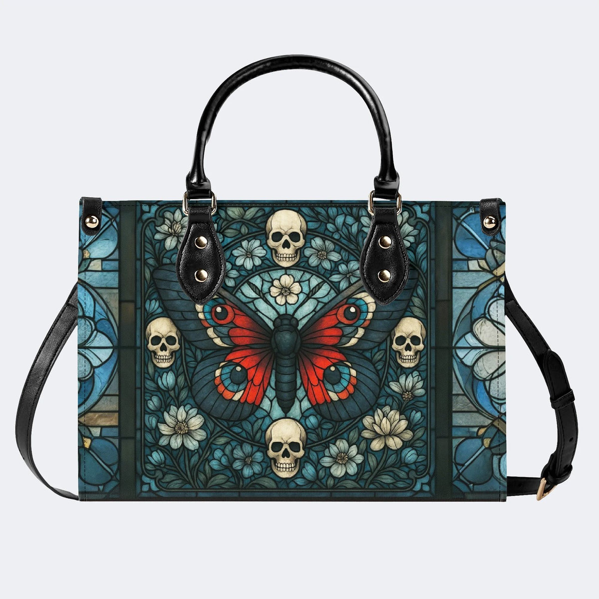 Vintage Moth And Skull Print - Leather Handbag