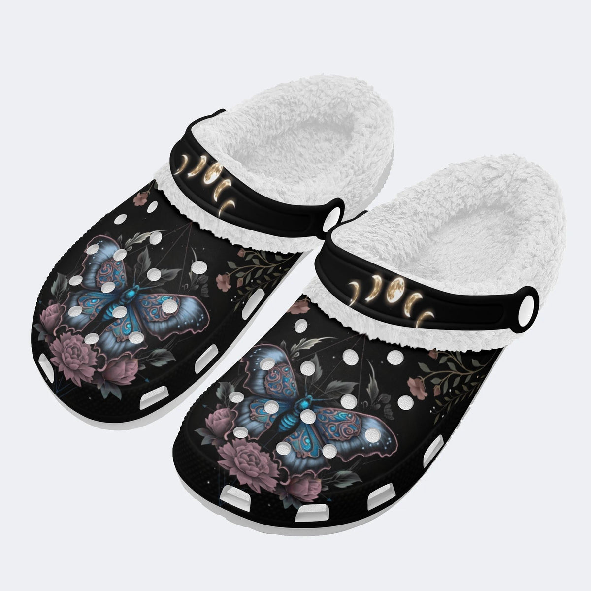 Floral Moth Print - Fur Lined Slippers/Sandals