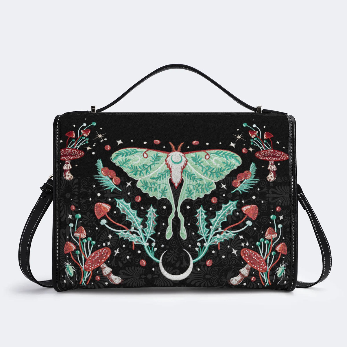 Green Moth In Mushroom Bush - Leather Satchel Bag