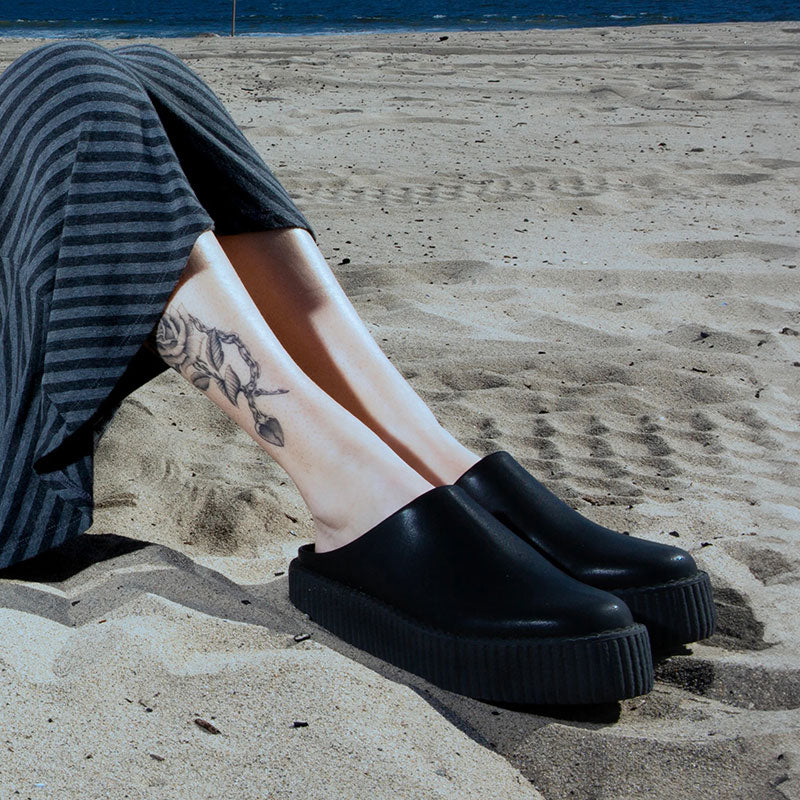 Black Leather Thick-soled Slippers