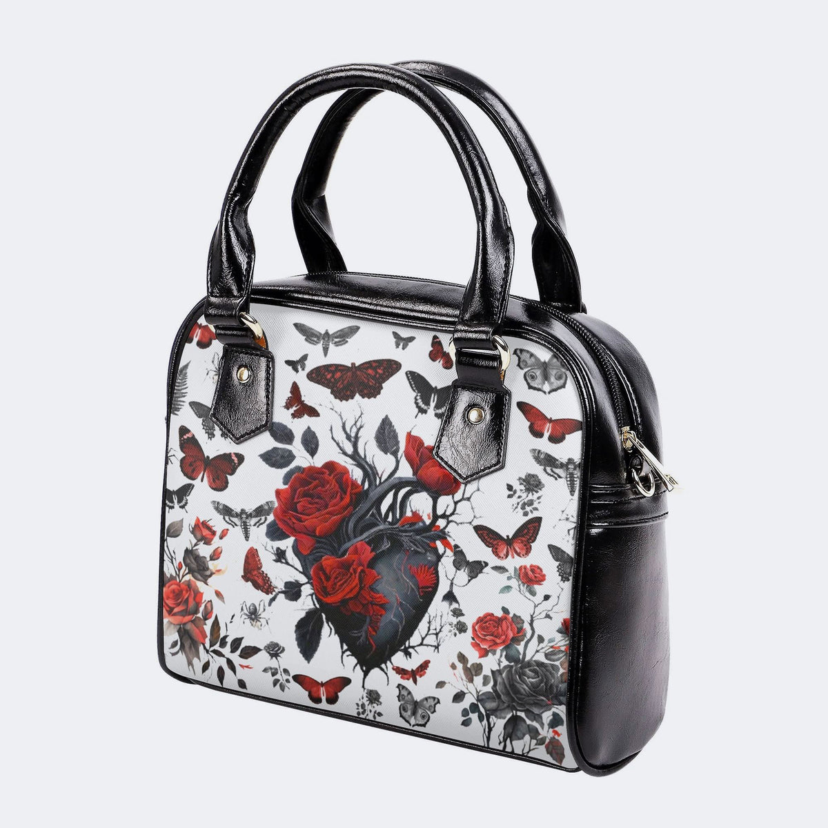 Heart Rose Butterfly Print - Leather Shoulder Handbag