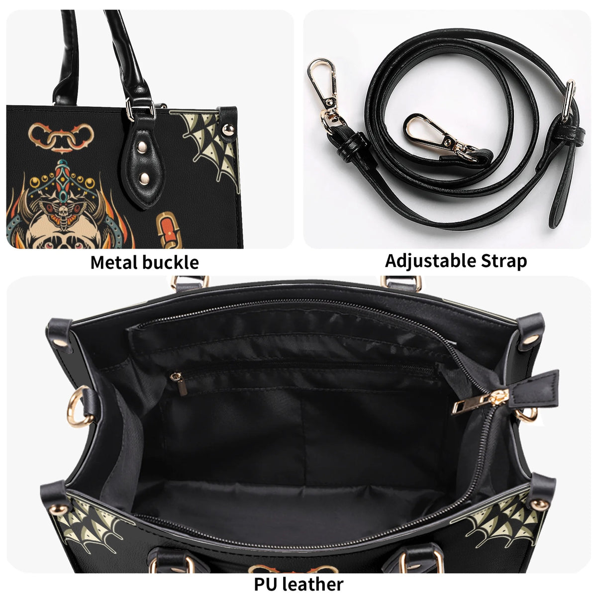 Death Moth&Skeleton Print - Leather Handbag