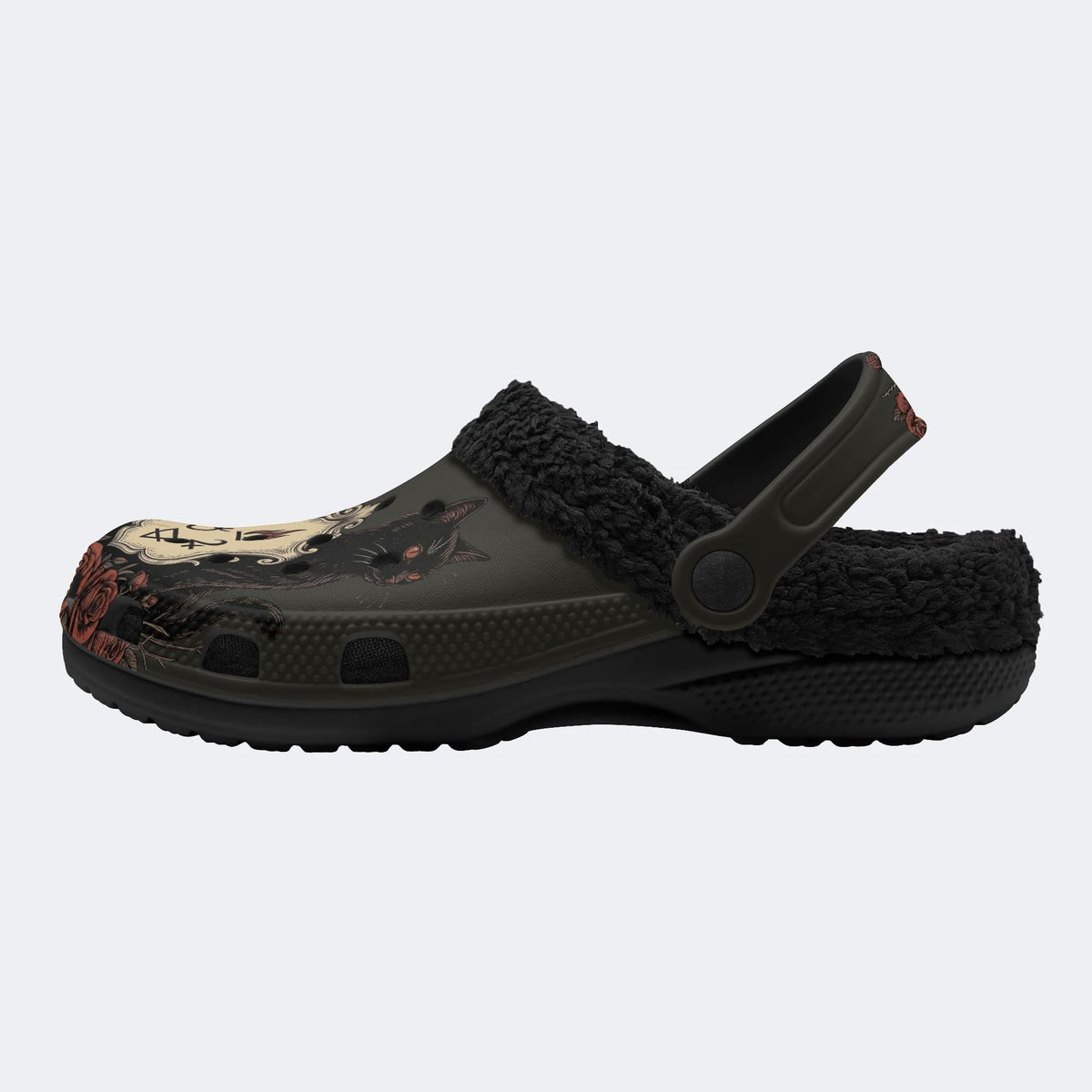 Vampire Black Cat Print - Fur Lined Slippers/Sandals