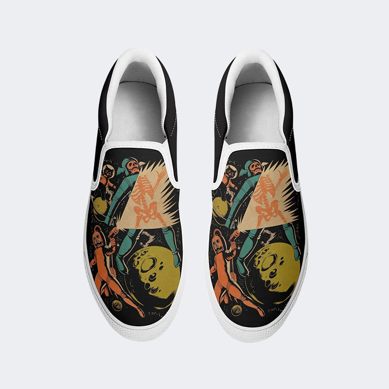 Halloween Outer Space Skeleton Astronaut Robot Black Cat Art Print - Slip On Shoes