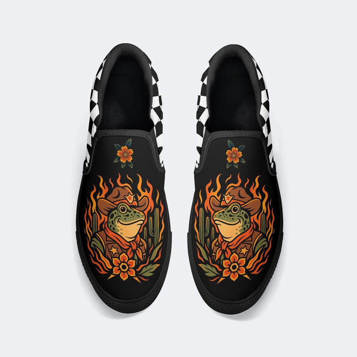 Flame Cowboy Frog Print - Slip On Shoes
