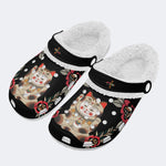 Lucky Cat Print - Fur Lined Slippers/Sandals