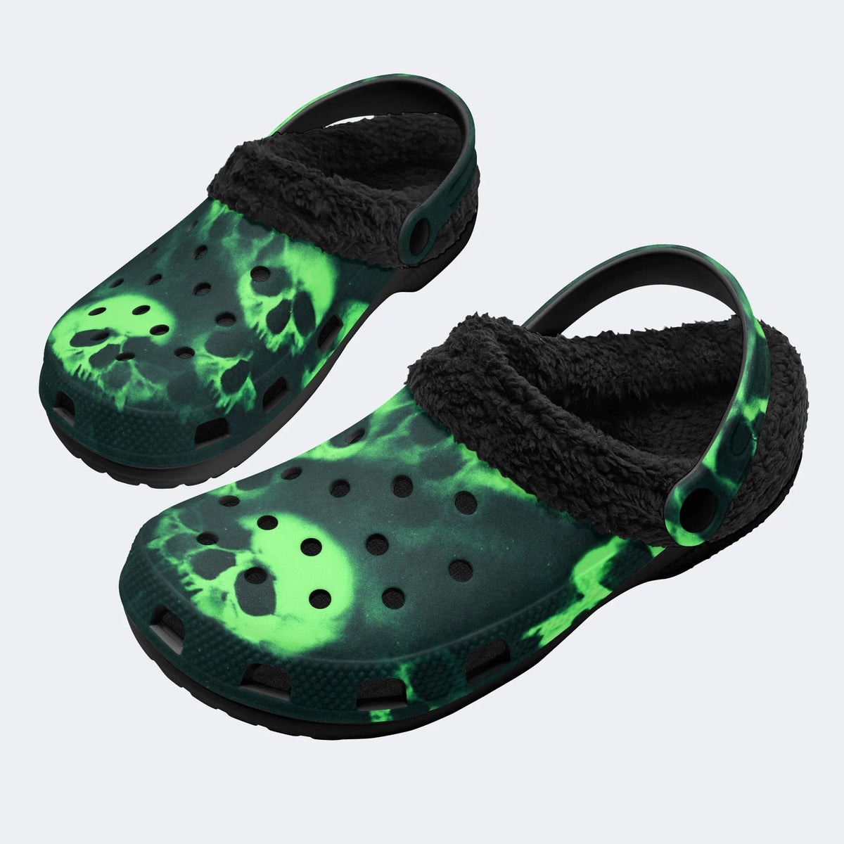 Toxic Green Smoke Skulls - Fur Lined Slippers/Sandals